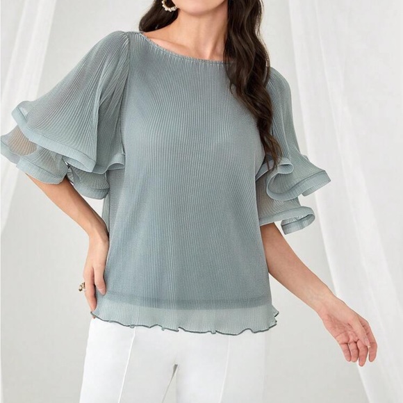 Elegant Sheer Ruffle Bell Sleeve Office Work EveningTop Blouse Shirt - Picture 5 of 6